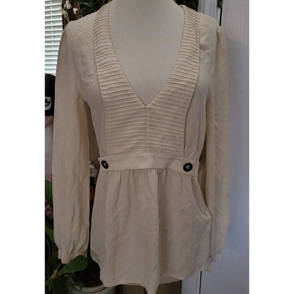 Be Seduced Womens 100% Silk V Neck Cream Beige Long Sleeve Top Blouse 4 Small - Picture 1 of 5
